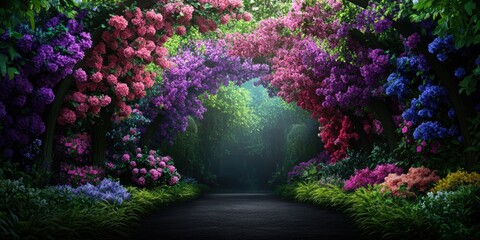 Experience the serenity of a beautiful pathway adorned with vibrant flowers in full bloom.