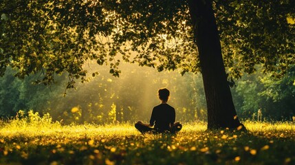 Serene sunrise meditation under leafy park tree