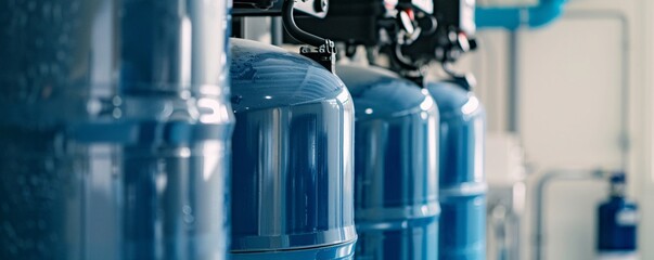 Row of industrial water filters is purifying water in a water treatment plant