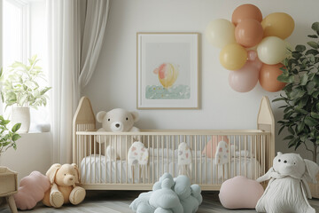 baby's bedroom with teddy bear in pastel colors. child bed in the room with beige pastel walls....