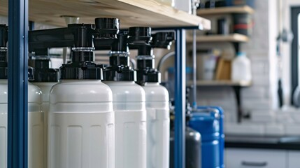 Reverse osmosis system with several filters purifying water in a modern kitchen