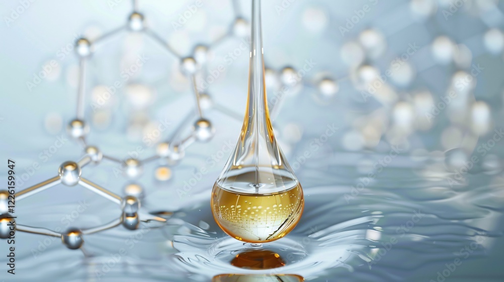 Aufkleber golden liquid droplet being released from a pipette into water, with a molecule model in the backgro