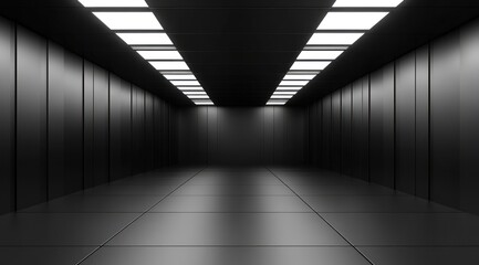Obraz premium Dark, sleek corridor with bright ceiling lights.