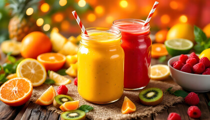 A beautifully styled scene featuring vibrant smoothies in glass jars, a mix of fresh fruits, and a rustic wooden table setting for a natural and refreshing vibe