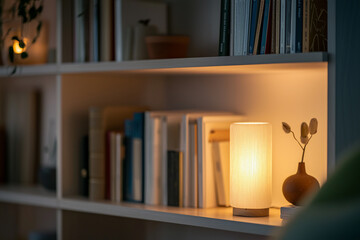 Cozy interior scene featuring a softly glowing lamp on a bookshelf surrounded by books and decor