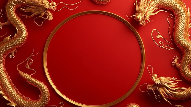 An elegant Chinese New Year theme with a red background, golden dragon patterns, and a central oval frame made of intertwined gold rope, offering space for messages.