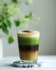 Layered matcha beverage with coffee and cream, a visually appealing and refreshing drink.