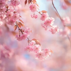 Obraz premium A picturesque close-up of vibrant pink cherry blossoms in full bloom on branches, captured against a soft, blurred background, perfect for invoking springtime nostalgia.