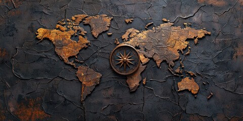 Fototapeta premium Vintage world map with aged textures and compass details, styled for historical visuals