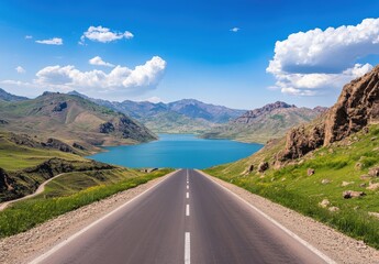 Fototapeta premium A picturesque road winds through lush green hills, leading to a stunning blue lake surrounded by majestic mountains under a bright blue sky dotted with fluffy clouds.