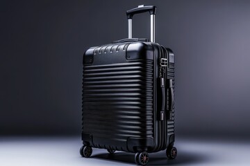 Fototapeta premium This modern black hardshell suitcase features a stylish design with sleek lines and sturdy wheels, perfect for travel enthusiasts looking for durability and sophistication on the go.