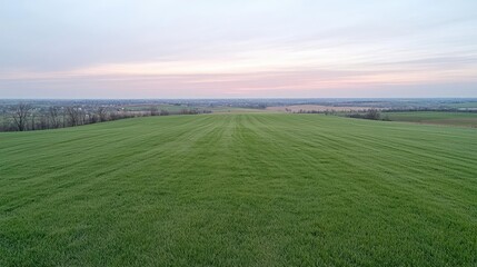 Fototapeta premium Green agricultural field stretching towards the horizon under a soft pastel sunset sky.