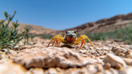 Desert spider close-up, rocky terrain background, wildlife photography for nature documentaries