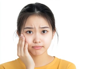 Fototapeta premium A concerned young woman touches her face, expressing worry or discomfort, dressed in a bright yellow top against a plain background.