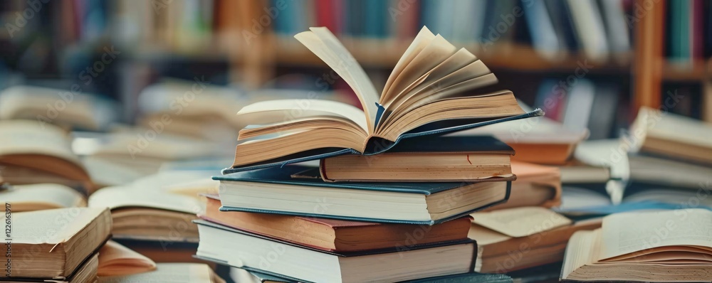 Aufkleber Open book is resting on a stack of books in a library
