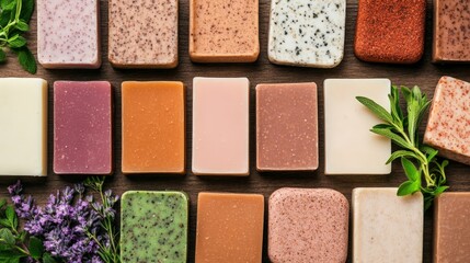 Fototapeta premium Colorful artisanal soap bars arranged neatly with herbs on a wooden surface
