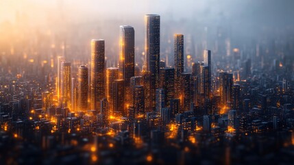 Fototapeta premium Futuristic city skyline at dawn, glowing skyscrapers.