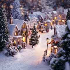 A picturesque miniature village covered with snow, decorated with lights, pine trees, and quaint...