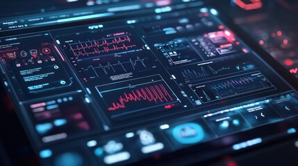Obraz premium Futuristic medical dashboard displays vital signs, data analysis, in dark tech control room