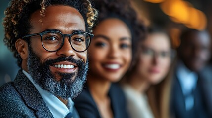Obraz premium A smiling man with glasses and a beard among colleagues