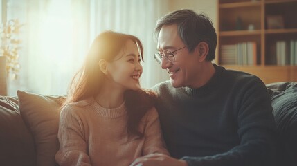A quiet and friendly living room scene where happy people are enjoying a friendly conversation, relaxed body language and a refreshing home atmosphere.