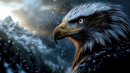 Fototapeta premium A powerful eagle stands proudly on a rocky outcrop, observing its surroundings as snow gently falls around it. The mountains loom in the background, creating a striking contrast.