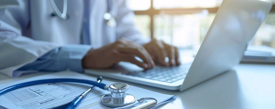 Doctor is typing on a laptop with a stethoscope and medical record on the desk