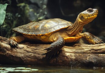 Fototapeta premium A Close-Up of a Resplendent Turtle Resting on a Log in a Serene Natural Habitat Surrounded by Lush Greenery and Clear Water Reflections