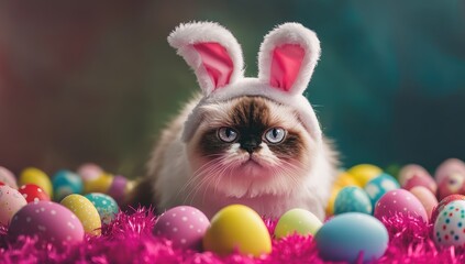 grumpy cat meme with easter bunny ears in a bed of easter eggs