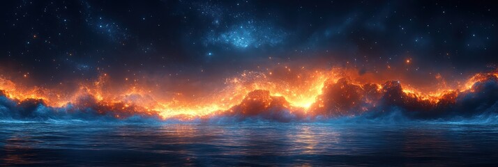 Fototapeta premium Fiery Celestial Seascape: A Night of Burning Mountains and Starry Skies