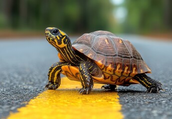 Obraz premium A Colorful Turtle Crossing a Yellow Line on a Road Surrounded by Lush Green Trees in a Scenic Nature Setting