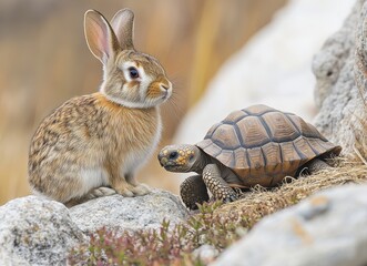 A curious rabbit sitting next to a tortoise in a natural rocky environment featuring soft grass and warm earth tones, capturing a moment of wildlife harmony