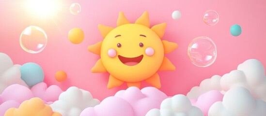 Fototapeta premium Happy sun above pastel clouds & bubbles