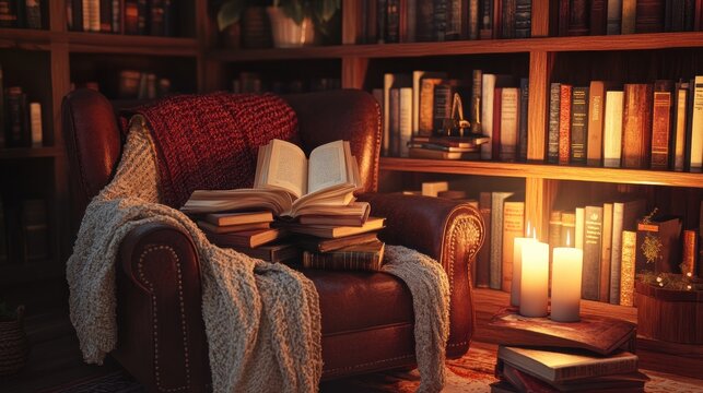 Cozy library chair, books, candlelight, reading
