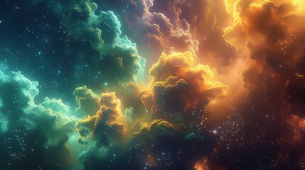 Obraz premium Glowing nebulous clouds drift in cosmic space. Ultraviolet emerald amber hues paint an abstract scene. Infinite starry expanse a watermark effect. Cosmic wonder.