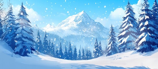Obraz premium Snowy mountain valley winter scene; light snowfall; game background