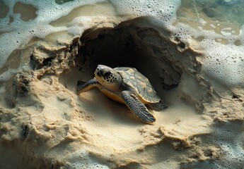 Obraz premium A Young Sea Turtle Emerging from Nest on Sandy Shoreline Near Gentle Waves of the Ocean, Symbolizing Nature's Beauty and Marine Life Conservation Efforts