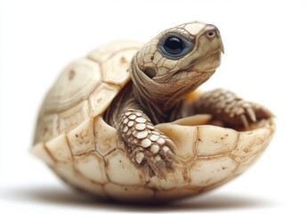 Naklejka premium Adorable Baby Tortoise Emerging from Shell on Light Background, Captivating Close-Up of Unique Patterns and Features of Reptile Species
