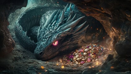 Majestic dragon guarding treasure within a rocky cave illuminated by mystical light