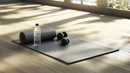 Yoga mat, water, weights, sunlit studio, fitness