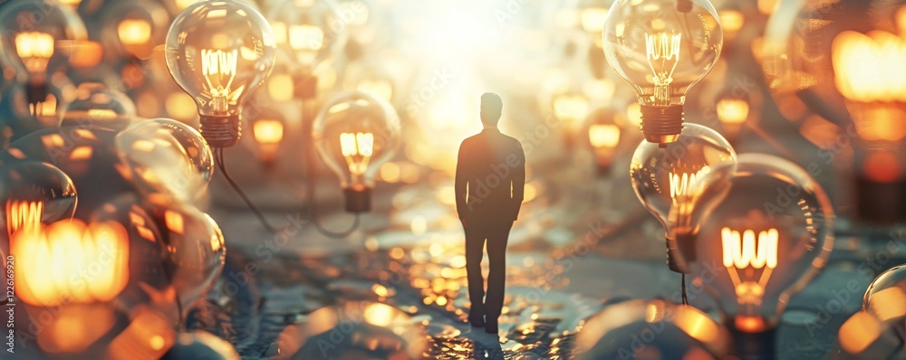 Aufkleber man walks down a path surrounded by glowing light bulbs as the sun sets in the background