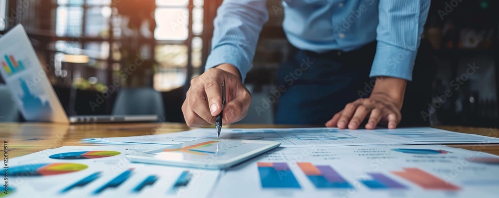 Poster businessman examines financial data on a digital tablet, surrounded by charts and graphs on the tabl