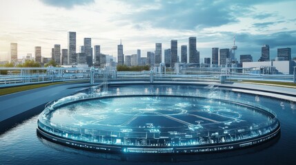 Fototapeta premium Smart city water system control, futuristic display, urban skyline