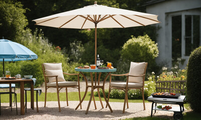 Obraz premium Garden with garden table and garden chairs wooden chairs and set table with BBQ food and drink and a children's table made of wood with parasol, at the house on a sunny day, electric grill