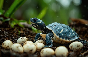 Obraz premium Adult turtle guarding its freshly laid eggs in a natural environment with soft rain on the blurred background, depicting wildlife and nature conservation efforts