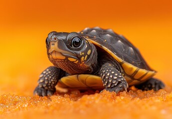 Obraz premium Adorable turtle with intricate patterns and vibrant colors crawling on textured surface of orange hue, showcasing nature's beauty and wildlife charm