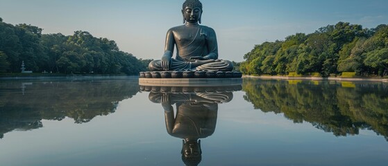 Obraz premium Majestic Buddha statue serenely sits overlooking a tranquil lake. Its reflection mirrors perfectly in the still water, surrounded by lush green trees. Peaceful scene.
