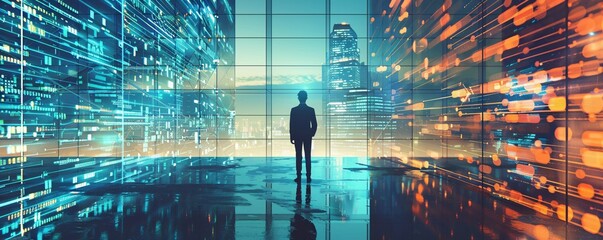 Businessman gazes out over the cityscape from a modern office using a futuristic digital interface