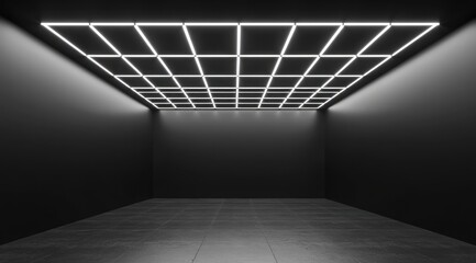 Grid of LED lights on a dark ceiling.