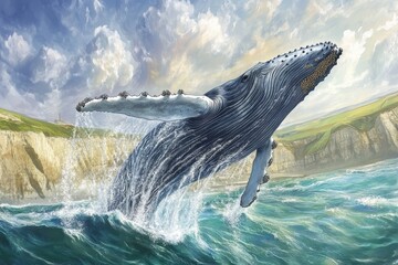 Fototapeta premium A breathtaking scene of a majestic whale breaching dramatically amidst crashing ocean waves, against a backdrop of lush coastal landscapes under a clear, expansive sky.